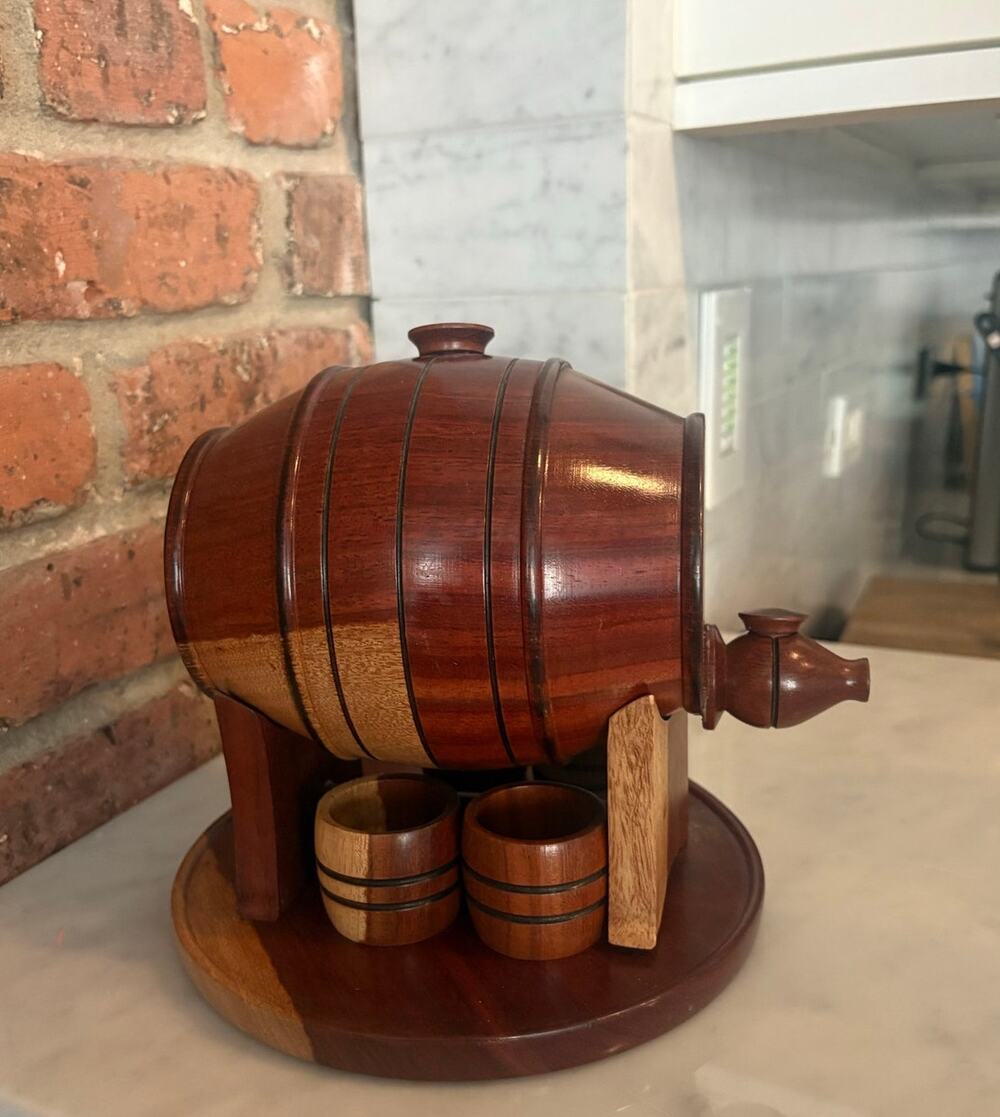 Vintage Wood Barrel Decanter Set Rustic Barware Whiskey Tray Shot 4+ 1 5 Glasses